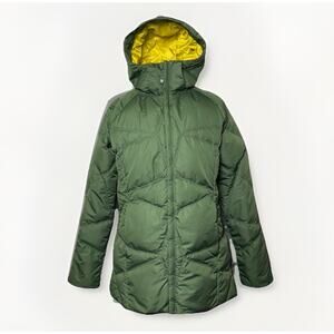REI Down Puffer Parka Jacket Coat Womens Large Hooded Fleece Quilt Green Checker